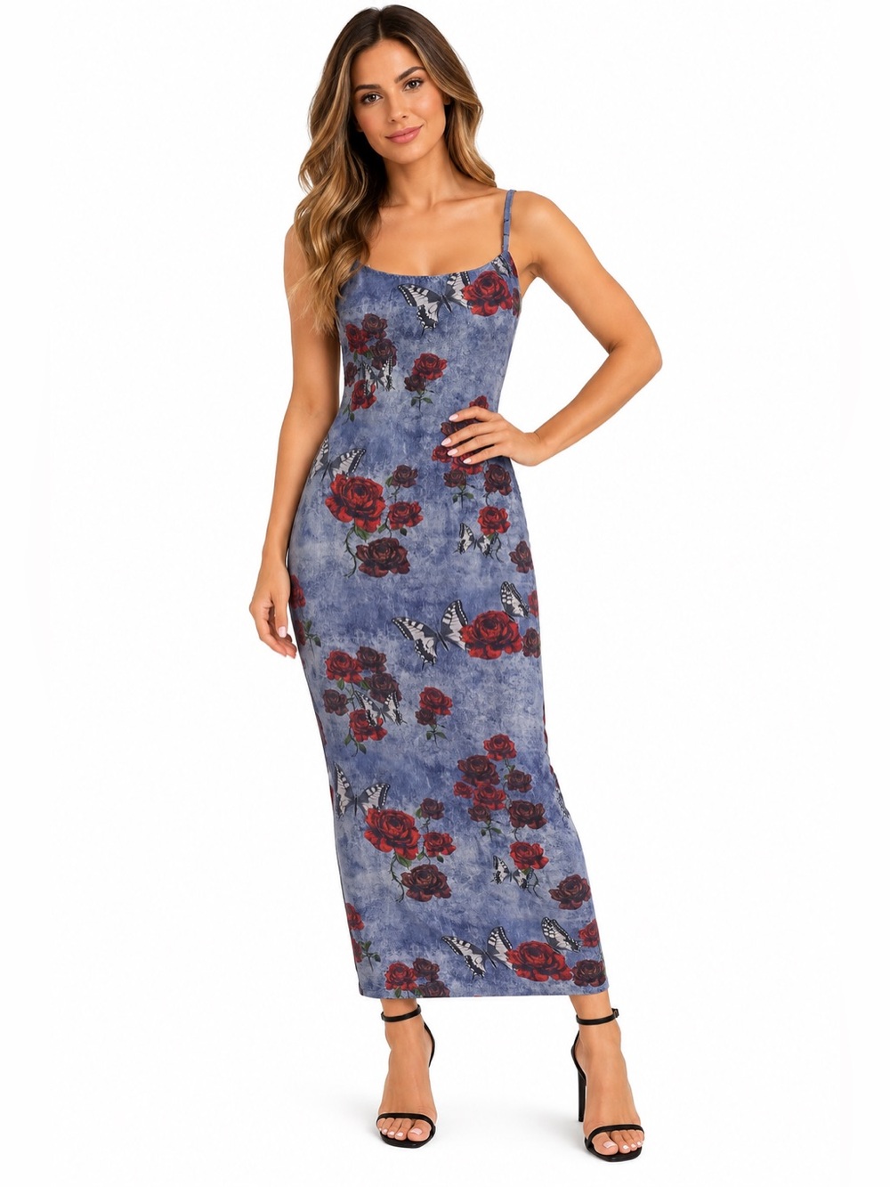 Forever 21 Rose Butterfly Print Bodycon Maxi Dress Blue Size Large